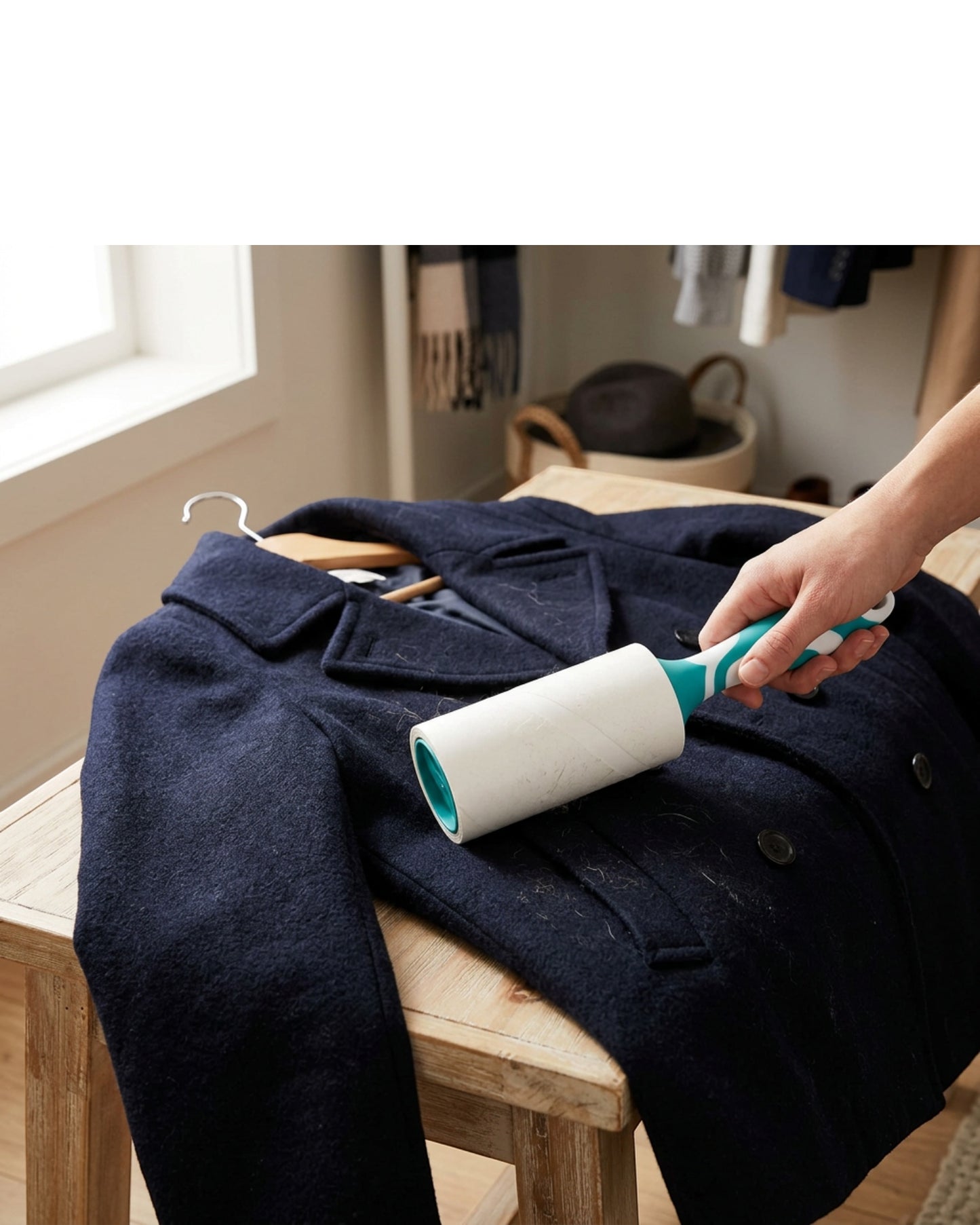 Nxva Adhesive Lint Roller 10 cm with 2 Refill Rolls White and Teal - Lifestyle view